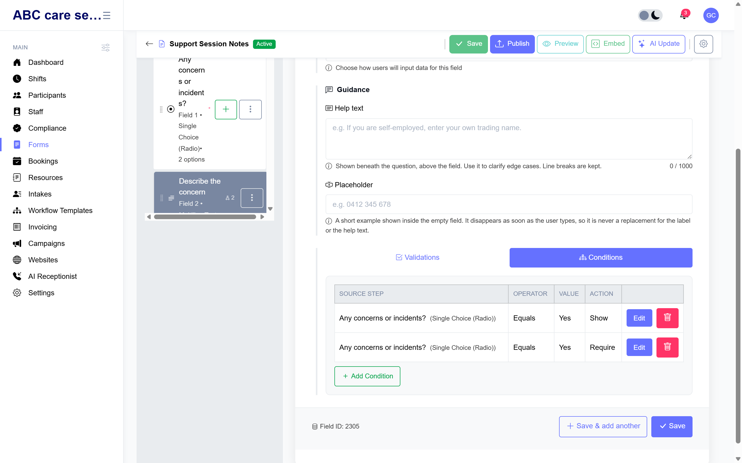 The SpringFire form builder with a multi-step intake form and a signature field.