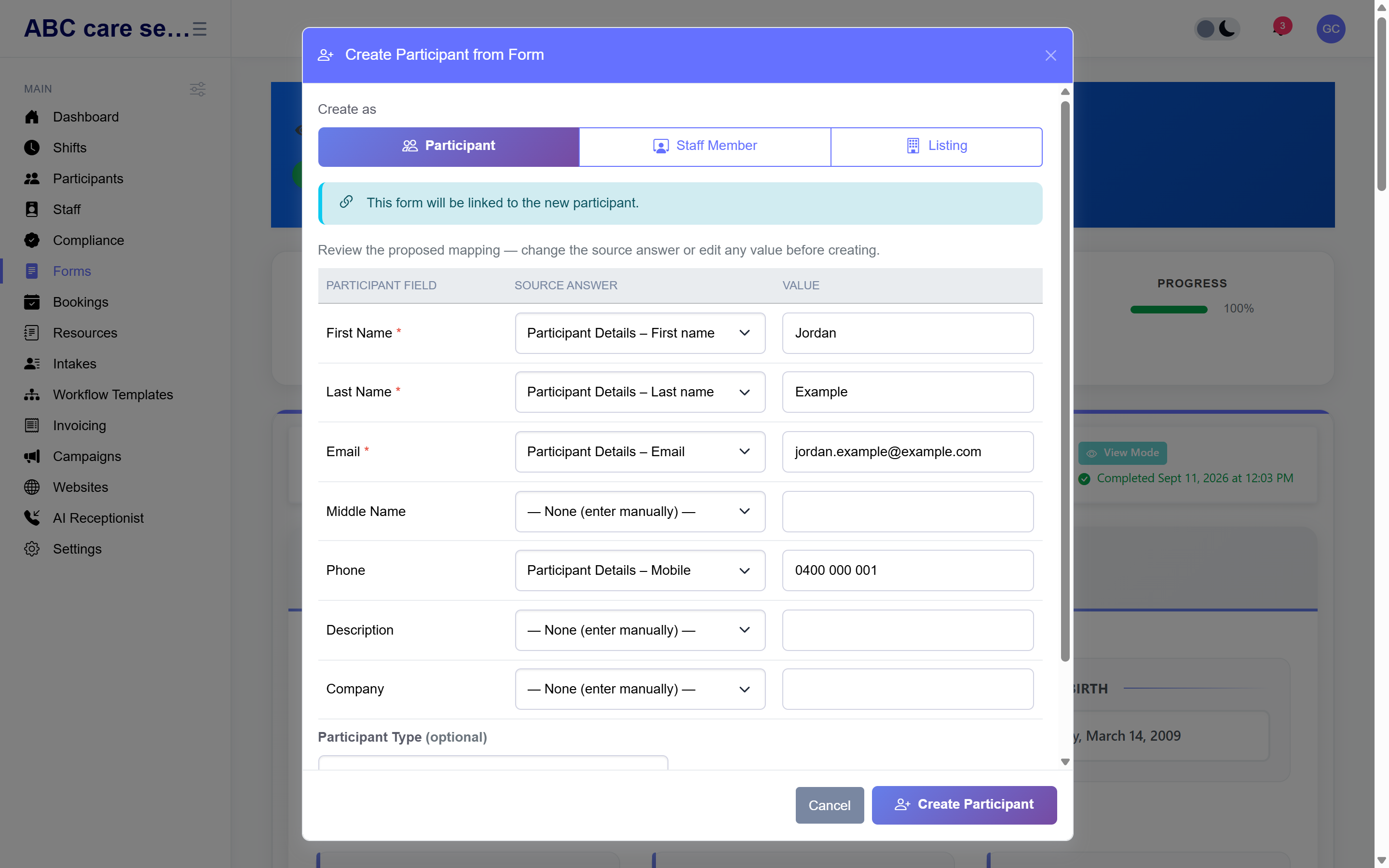 A submitted referral form and the participant record it created.
