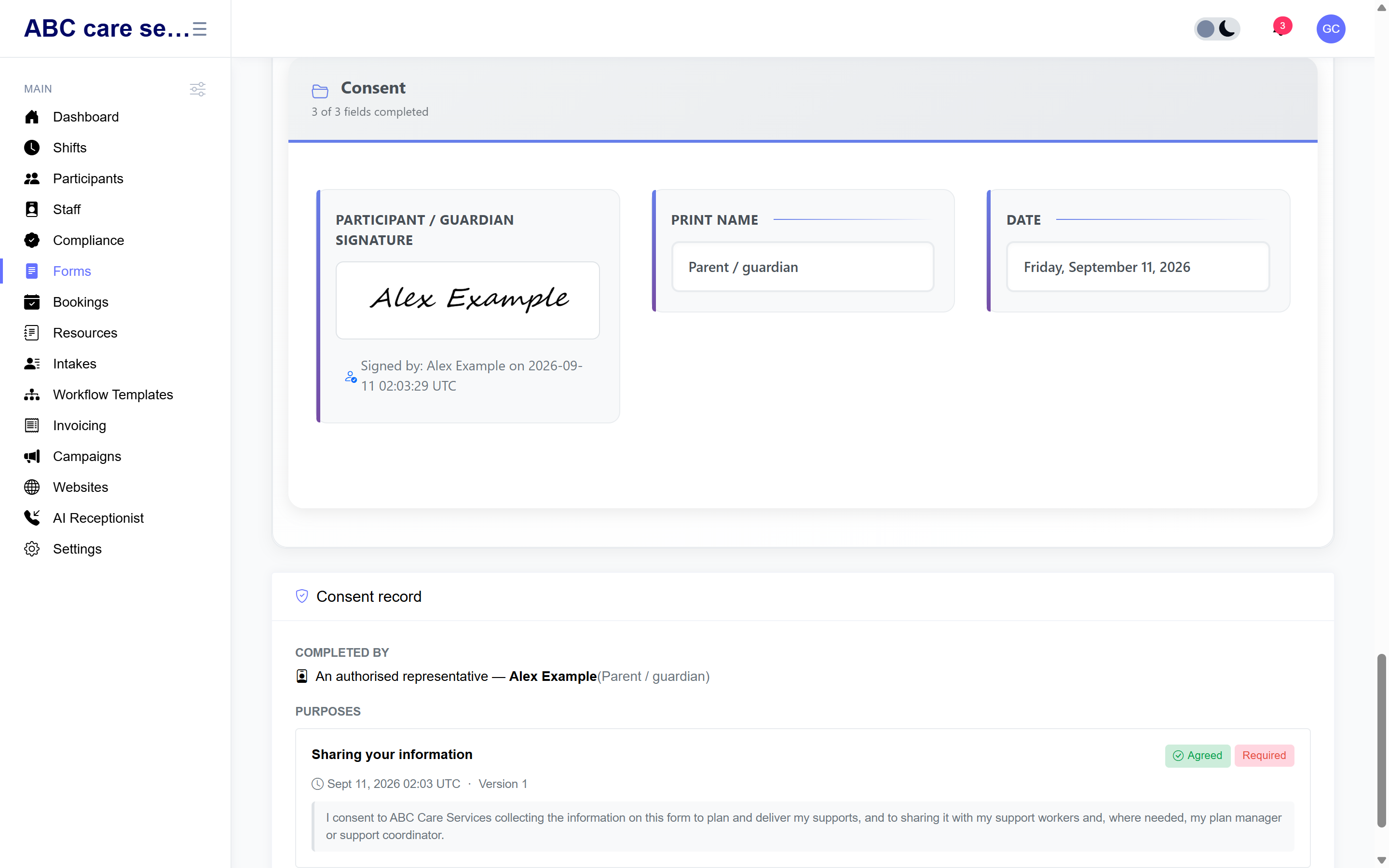 A completed client intake form with uploaded documents.